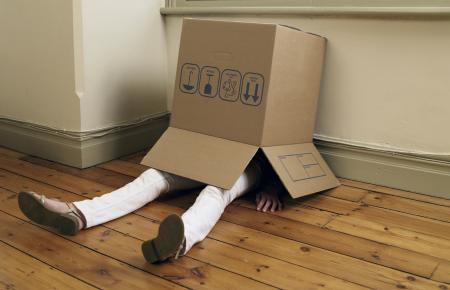hiding under a cardboard box