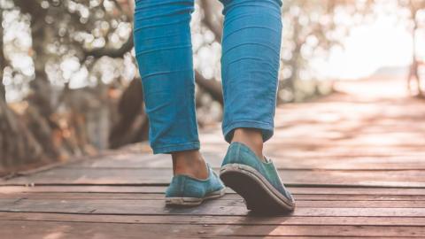 Walking on a wooden bridge 