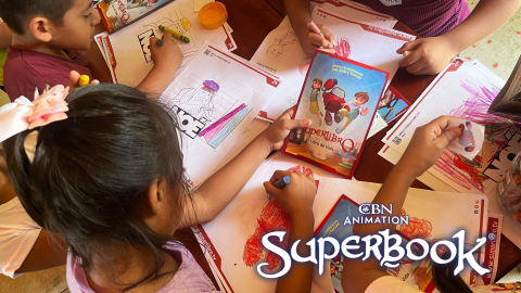 Children in Mexico sit on the floor, drawing and coloring pictures of Gizmo. The CBN Animation and Superbook logos are stacked in the bottom right corner.